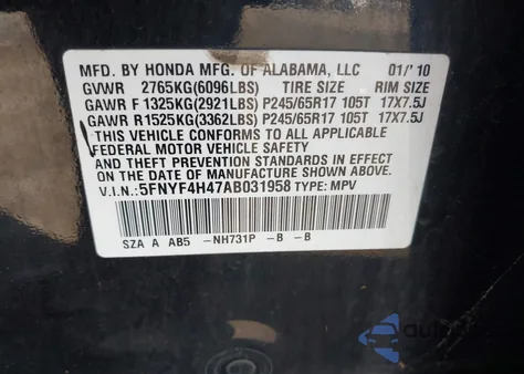 2010 Honda Pilot Ex z USA, uszkodzony, nr VIN 5FNYF4H47AB031958